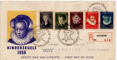 1956 Netherlands Children's Portraits Stamps FDC Registered Roermond to Bulawayo - Image 1 of 3