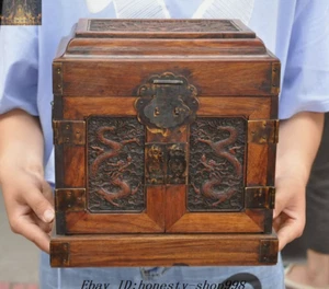 Old Chinese Dynasty Huanghuali Wood Carved Dragon storage Treasure chest cabinet - Picture 1 of 12
