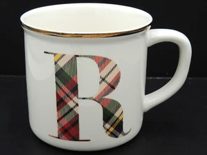Pottery Barn Plaid Initial R Mug Gold Rim - Picture 1 of 3