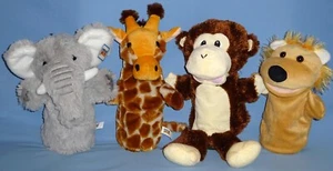 Plush Hand Puppets-Giraffe-Lion-Elephant-Chimpanzee/ape-Jungle-zoo animal LOT-4 - Picture 1 of 17