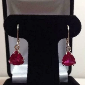 925 Sterling Silver Lab-Created Handmade 6 Ct Ruby stone Antique Earrings - Picture 1 of 5