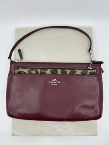 Coach Womens Burgundy Leopard Leather Small Shoulder Bag 10"x6" Classic Chrome - Picture 1 of 10