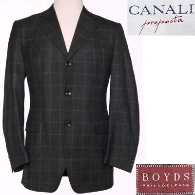 Canali x Boyds Sport Coat Suit Jacket Black Windowpane Plaid Wool Flannel 40 L - Image 1 of 4