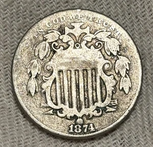 1874 5c Shield Nickel Attractive Circulated Details Genuine American Coin - Picture 1 of 3
