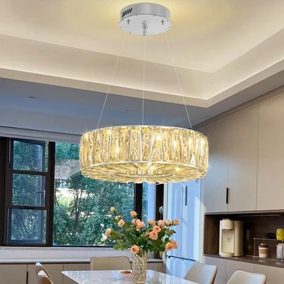 Lámpara de araña moderna de cristal plateada 16" redonda de lujo K9 cristal colgante luz fi... Foto 1 de 4