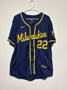 Nike Milwaukee Brewers Jersey Mens Size 44 Blue Yellow MLB Baseball Yelich 22 - Picture 1 of 6