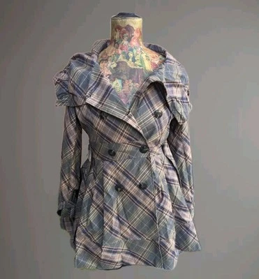 Y2K Anthropologie Elevenses Preppy Gossip Girl Twee Green Plaid Trench Coat 10P - Image 1 of 4