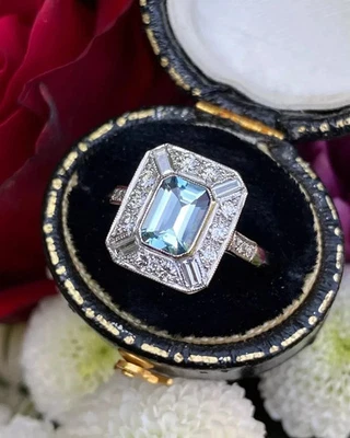 Art Deco Style Aquamarine Lab-Created Diamond Wedding 14K White Gold Plated Ring - Image 1 of 4