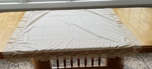 Cream Square 48” Diameter Tablecloth With Lace Trim Polyester Vintage - Picture 1 of 6