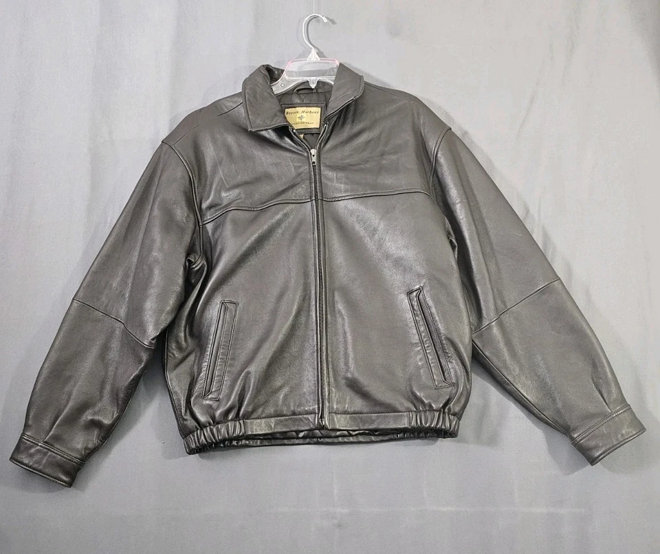 Abrigo Chaqueta Bomber Vintage Boston Harbor Para Hombre L Cuero Genuino Negro GRANDE Foto 1 de 4