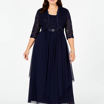 R&M RICHARDS Womens Navy Sequined Cocktail Jacket Dress Plus 18W Maxi 2 Piece - Image 1 of 4