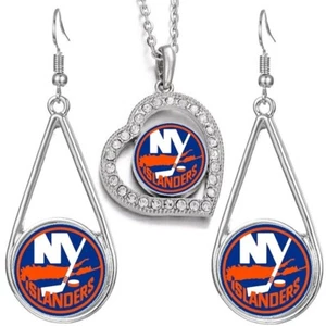 3Pc New York NY Islanders Womens Jewelry Crystal Pendant Necklace With Earrings - Picture 1 of 8