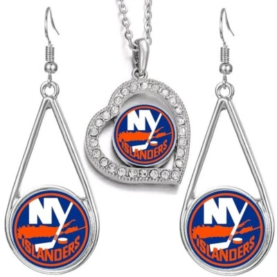 3Pc New York NY Islanders Womens Jewelry Crystal Pendant Necklace With Earrings - Image 1 of 4