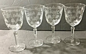 Set of 4 Libbey Glenmore Etched 7" Water or Wine Glasses Stemware Floral Design - Picture 1 of 2