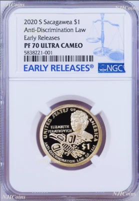 2020 S Sacagawea $1 Anti-Discrimination Early Releases NGC PF70 Blue Label Proof - Image 1 of 2