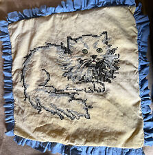 antique hand made cross Stitch Gre￼en Eyed CA￼T frilled pillowcase 1940s