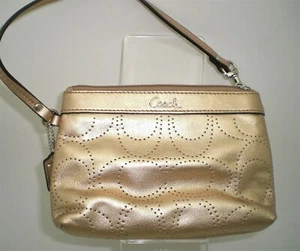 COACH SMOOTH PERFORATED C LEATHER WRISTLET WALLET METALLIC GOLD - Picture 1 of 9