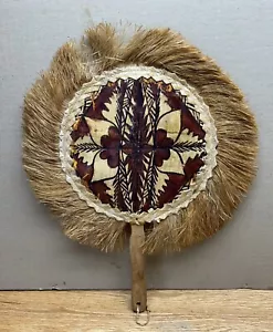 Vintage Polynesia South Pacific Handmade Painted Grass Hand Fan Floral Design - Picture 1 of 14