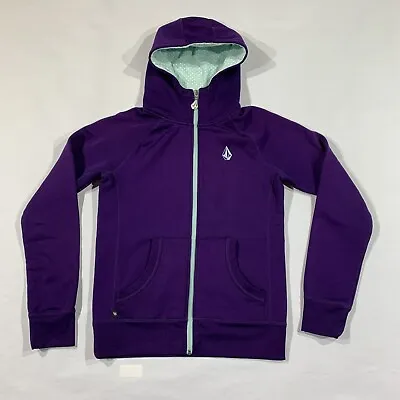 Volcom Hoodie Womens Medium Purple Full Zip Sweater Fleece Dark Graphic Logos • 13.91€
