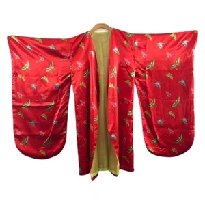 Red Satin Butterfly Japanese Style Kimono Jacket Womens Medium Gold Lining - Picture 1 of 9