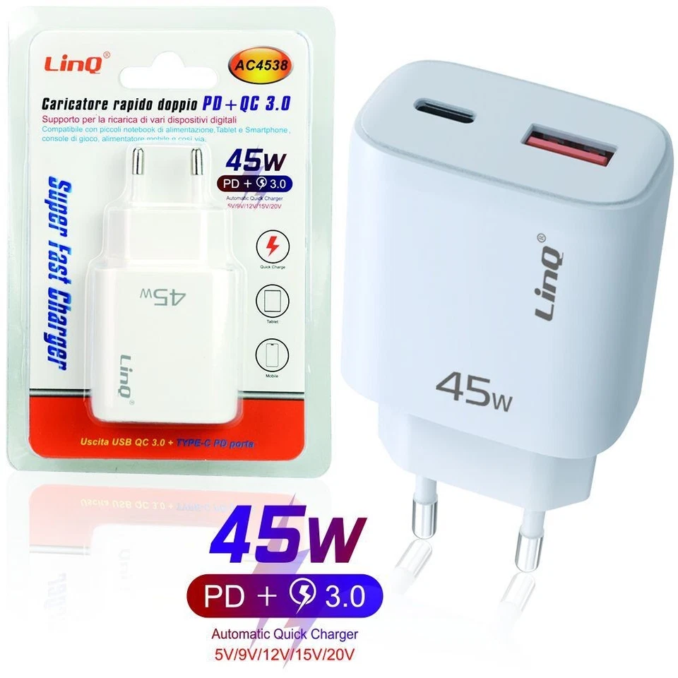 x Caricatore USB-C PD 45W + USB QC 3.0 LinQ AC4538 Ricarica Rapida Smartphone - Immagine 1 di 1