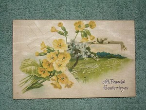 Vintage Postkarte Ein friedliches Ostern für Sie, Kreuz mit gelben Blumen - Bild 1 von 2