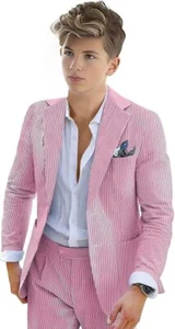 Boys Seersucker Suit 2 Piece Tuxedo for Boys Summer Beach Wedding Blazer Pants - Picture 1 of 29