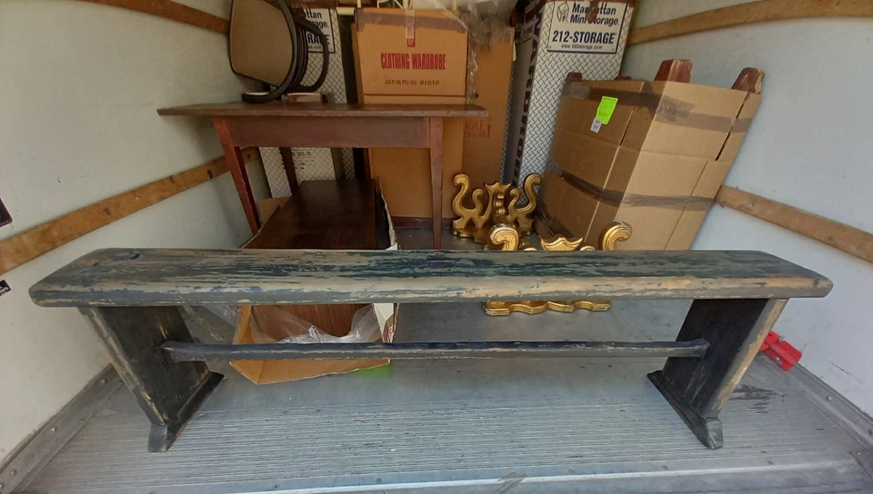 Antique Country Primitive Distressed Wood Plank Bench original old paint STURDY - Image 1 of 4