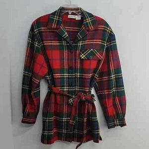 First Issue Vintage 90s Red Green Tartan Plaid Wool Belted Shacket jacket - Picture 1 of 9