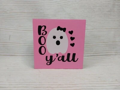 New "Boo Y'all" Ghost Casper Halloween Fall Wood Sign Decor Bow Hearts Cute Pink - Image 1 of 4