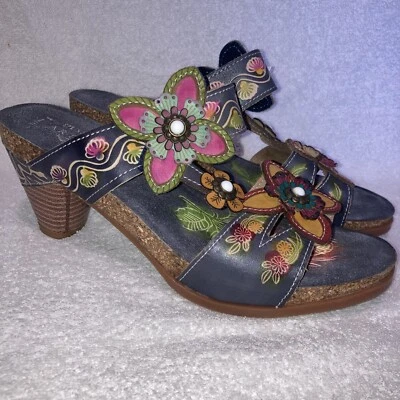 Spring Step L'Artiste Blue Leather Haverb Slip On Heeled Sandals Floral Sz 11 - Image 1 of 4