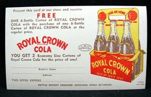 1940 Royal Crown Cola 6 Pk Soda Pop Free W/ Purchase Coupon Promtional Post Card - Picture 1 of 1