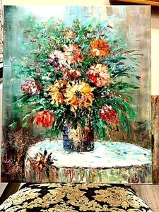 VINTAGE H/GEPFLANZTES GEMÄLDE ÖL AUF LEINWAND STILLLEBEN BLUMEN - Bild 1 von 4