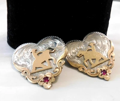 Signed Sterling Silver & 12K Gold Filled Heart Cowboy Earrings W/Pink Stone E641 - Image 1 of 4