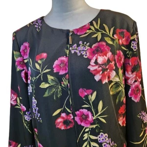 Susan Graver Womens Blazer Jacket Size 12 Black & Pink Floral Cottagecore Coat - Picture 1 of 24