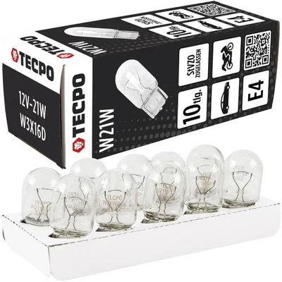 10x TECPO W21W GLÜHBRINEN 12V 21W GLASSOCKEL BIRNEN W3X16D RÜCKFAHRLEUCHTE LAMPE - Bild 1 von 4