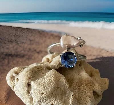 Anillo Biwa de talla 8 con perlas y topacio azul -Plata esterlina bañada 925 -Nuevo Foto 1 de 4