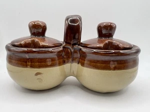 Juego de servir condimento doble vintage tapas de tazón gres marrón bronceado cerámica gelatina - Imagen 1 de 19