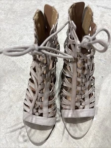 Nine West Forest Leather Lace Up Zipper Taupe Sandals Wedge Shoes Size 6 - Picture 1 of 5