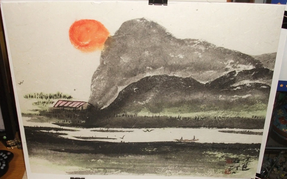 BARCOS FLUVIALES CHINOS NARANJA SOL PAISAJE ACUARELA ORIGINAL PINTURA FIRMADA Foto 1 de 3