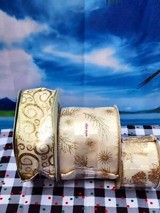 3 New Christmas Rolls Ribbon Gold glitter ivory  2.5"  4" swirl pine cone needle - Picture 1 of 7