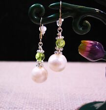 Stunning Sterling Silver Peridot & Large 9mm Pearl Dangle Earrings F9