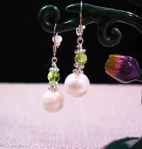Stunning Sterling Silver Peridot & Large 9mm Pearl Dangle Earrings F9 - Picture 1 of 2