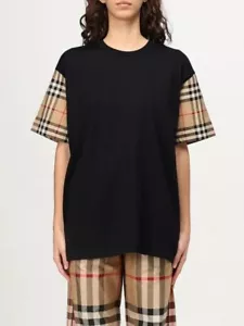 Women Burberry T-shirt Black Check Sleeve Crew Neck Black Carrick Size M - Picture 1 of 11
