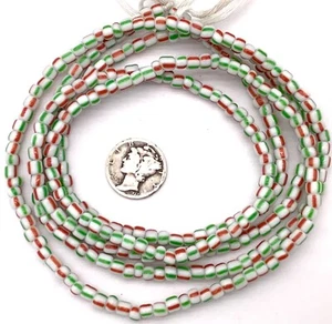Ghana Green/White Red multi stripes waist seed Beads Glass African Trade Beads - Picture 1 of 3