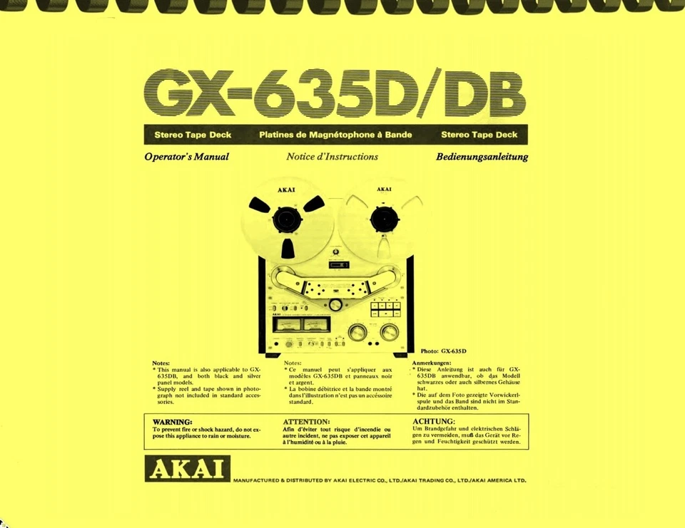 AKAI GX-635D GX-635DB Stereo Tape Deck OWNER'S MANUAL - Image 1 of 1