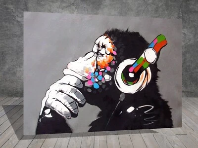 Banksy DJ Monkey listen Music Gorilla Graffiti  CANVAS STREET ART WALL  1069 - Image 1 of 4
