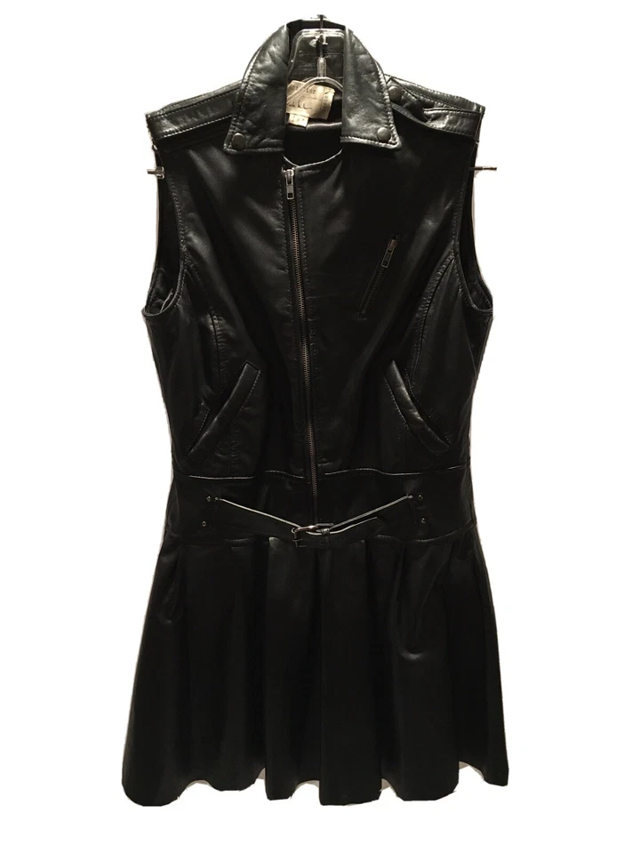 VESTIDO CORTO DE CUERO NEGRO ARTELIER BY NICOLE MILLER CON CINTURÓN ESTILO MOTERO TALLA 4 Foto 1 de 4