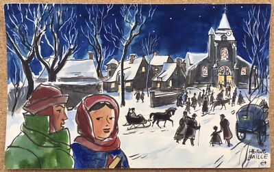 Aquarelle Originale Hervé Baille Scène de Genre Noël Neige Eglise Traîneau 1960 - Photo 1/4