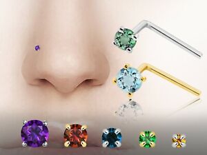Personalized Birthstone 22G 14kt Yellow or White Gold L-Shaped Nose Stud Ring